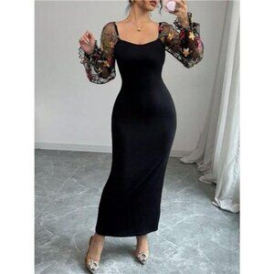 Sheer Floral Mesh Sleeves Bodycon Dress
